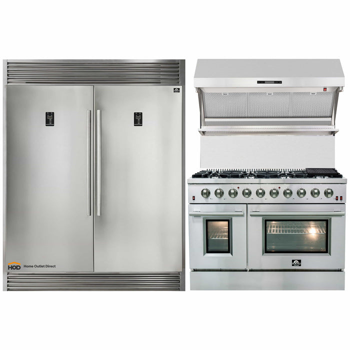 Forno 3-Piece Appliance Package - 48-Inch Gas Range, 60-Inch Pro-Style Refrigerator & Wall Mount Hood with Backsplash in Stainless Steel (FBDL-018-02US)