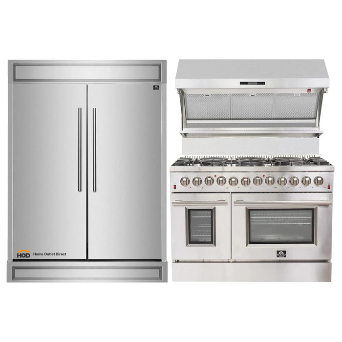 Forno 3-Piece Appliance Package - 48-Inch Dual Fuel Range, Refrigerator, & Wall Mount Hood with Backsplash in Stainless Steel (FBDL-017-04CAUS)