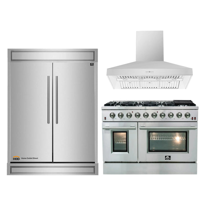 Forno 3-Piece Appliance Package - 48-Inch Gas Range, Refrigerator, & Wall Mount Hood in Stainless Steel (FBDL-018-04CAUS)