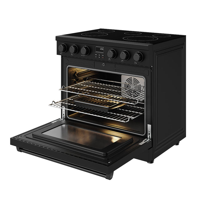 Thor Kitchen 36-Inch Matte Black Electric Range (ARE36B) – front right side open 1
