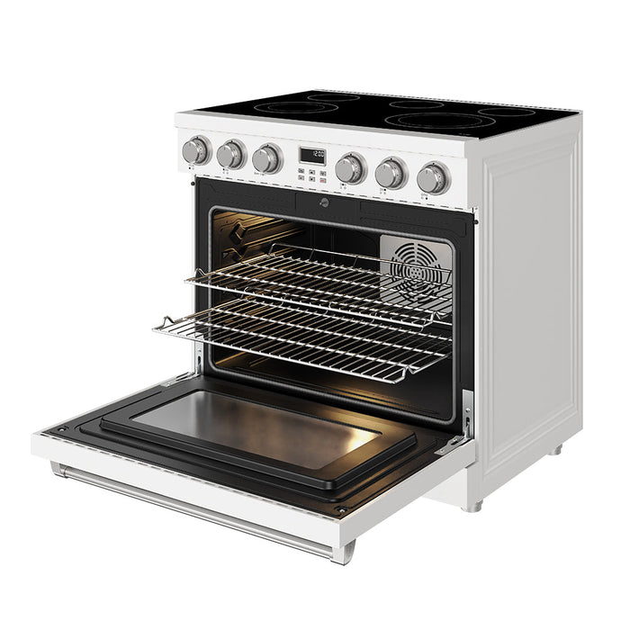 Thor Kitchen 36-Inch White Electric Range (ARE36W) – front right side open 1