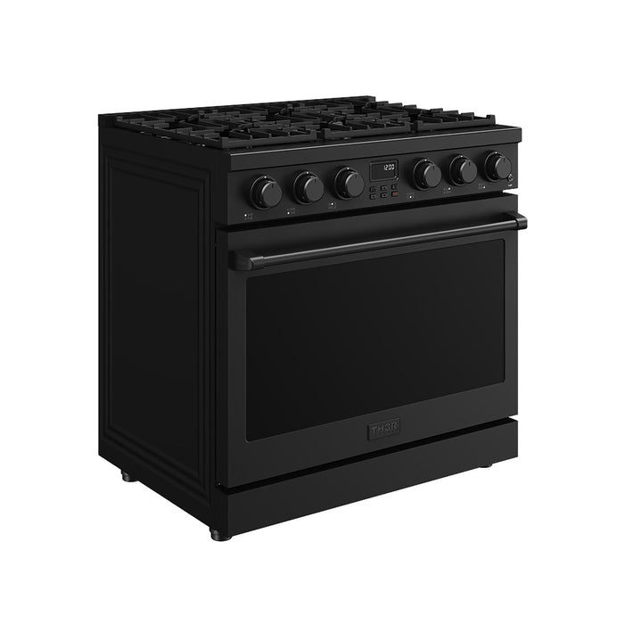 Thor Kitchen 36-Inch Matte Black Gas Range (ARG36B) – front left side closed