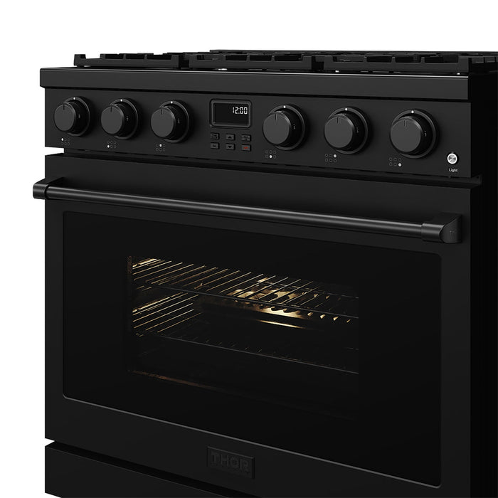 Thor Kitchen 36-Inch Matte Black Gas Range (ARG36B) – front right side closed 2