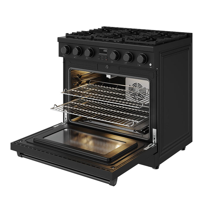 Thor Kitchen 36-Inch Matte Black Gas Range (ARG36B) – front right side open 2