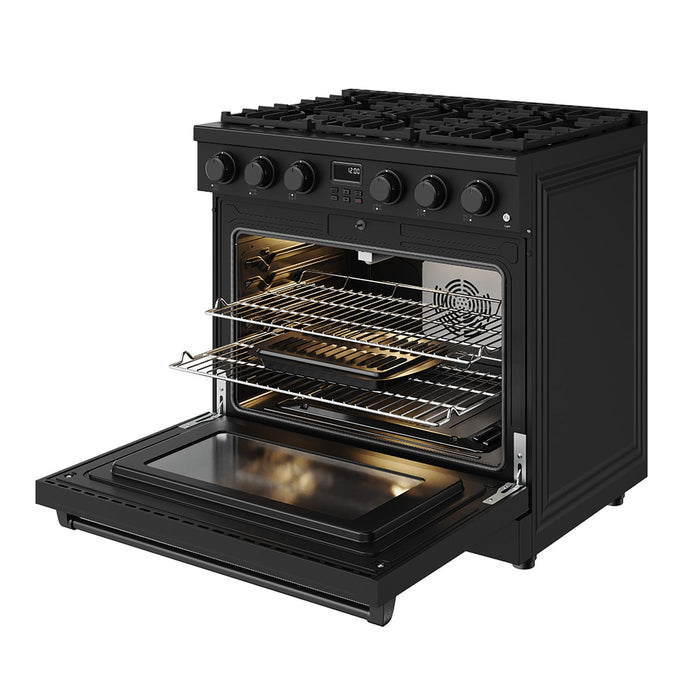 Thor Kitchen 36-Inch Matte Black Gas Range (ARG36B) – front right side open 1