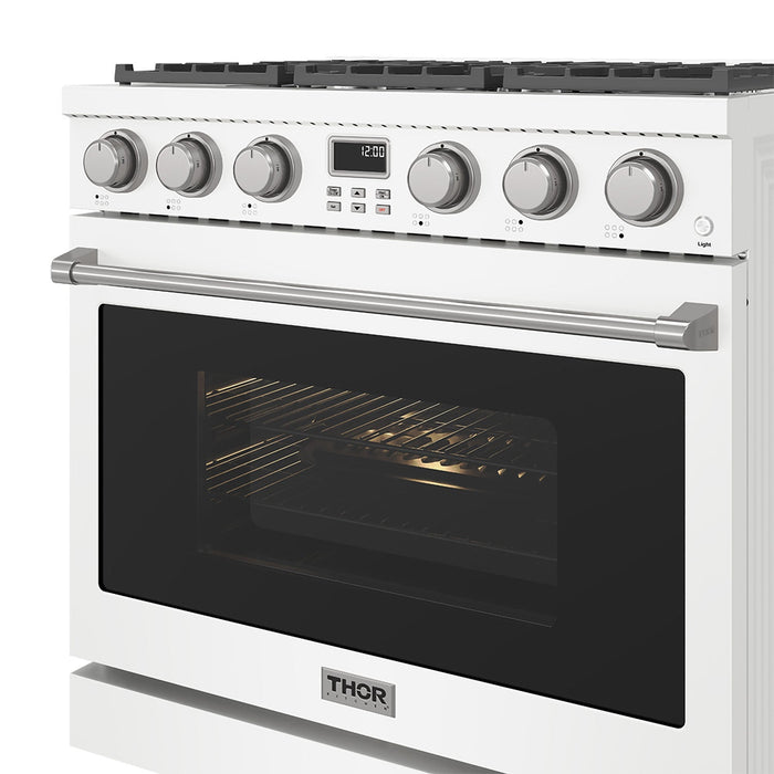 Thor Kitchen 36-Inch White Gas Range (ARG36W) – front right side closed 2