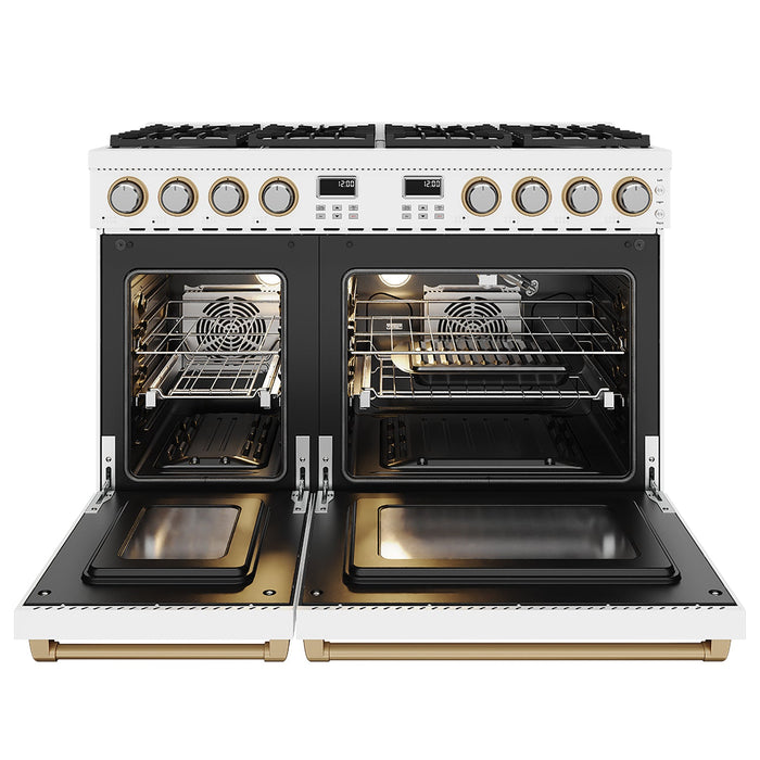 Thor Kitchen 48-Inch White and Bronze Gas Range (ARG48W-BRZ) – front side open