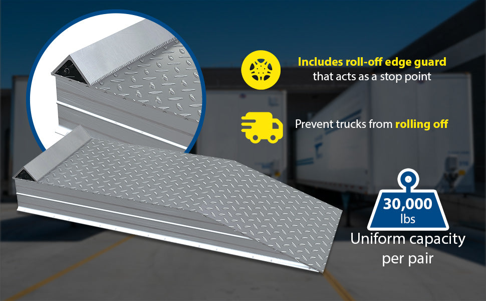 Vestil ATWR-ROG-18-6-48 aluminum tread plate wheel riser with roll off guard feature overview 1