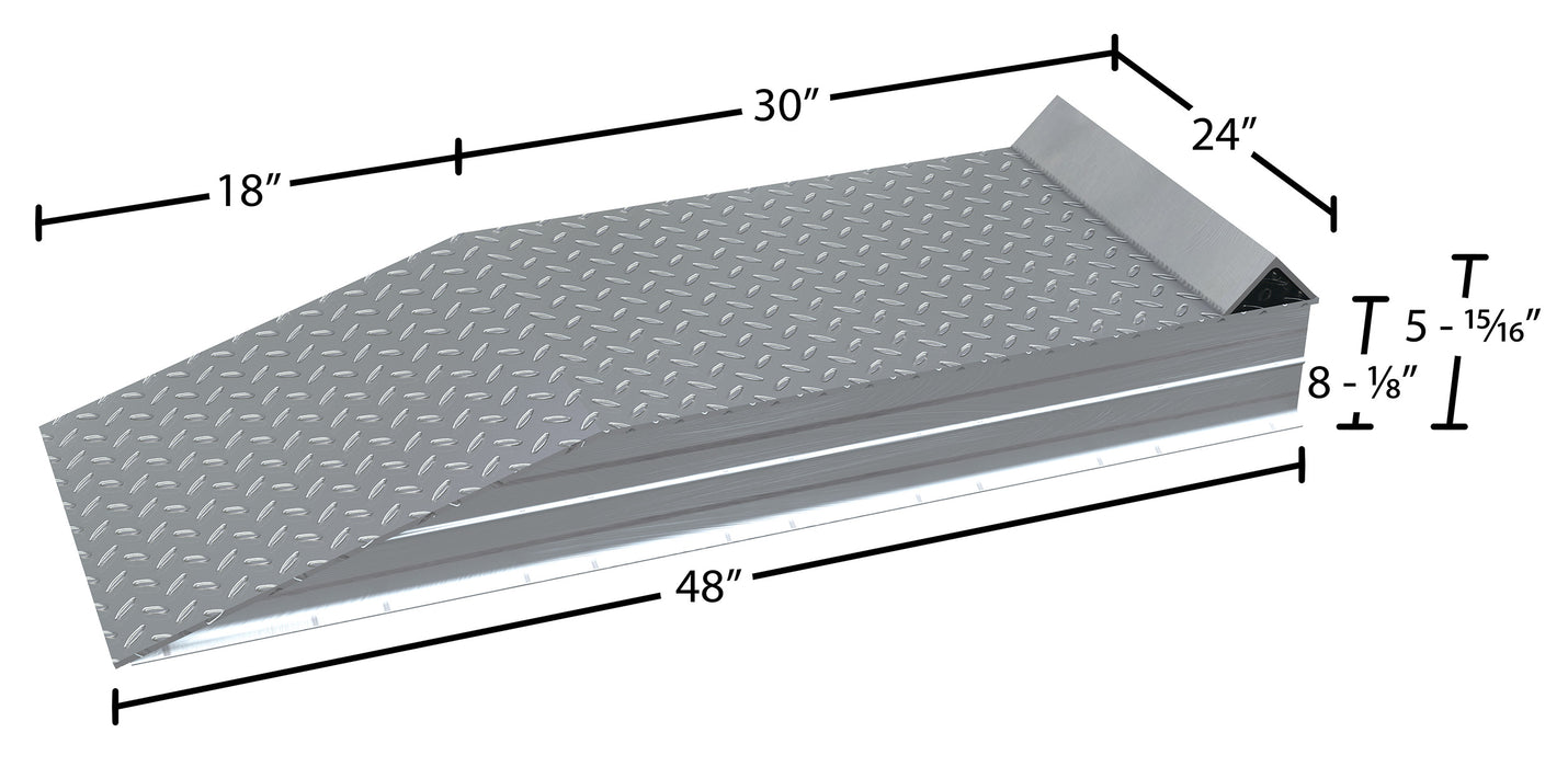 Vestil ATWR-ROG-24-6-48 aluminum tread plate wheel riser with roll off guard dimensions diagram
