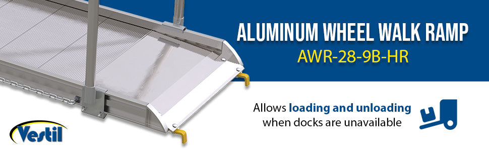 Vestil AWR-28-9B-HR aluminum wheel walk ramp steel hook style with handrails feature overview 3
