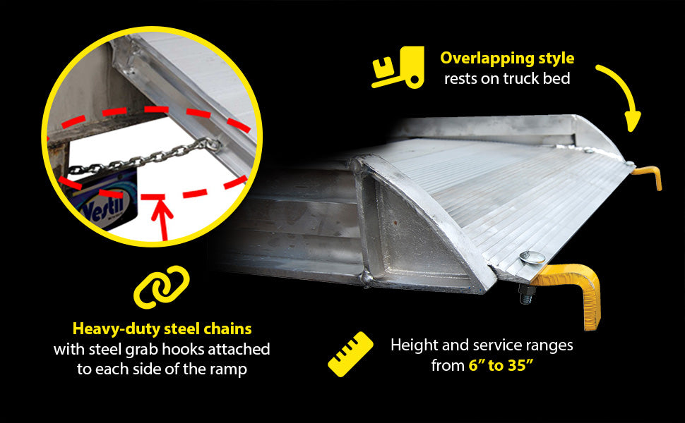 Vestil AWR-28-9B-HR aluminum wheel walk ramp steel hook style with handrails feature overview 2