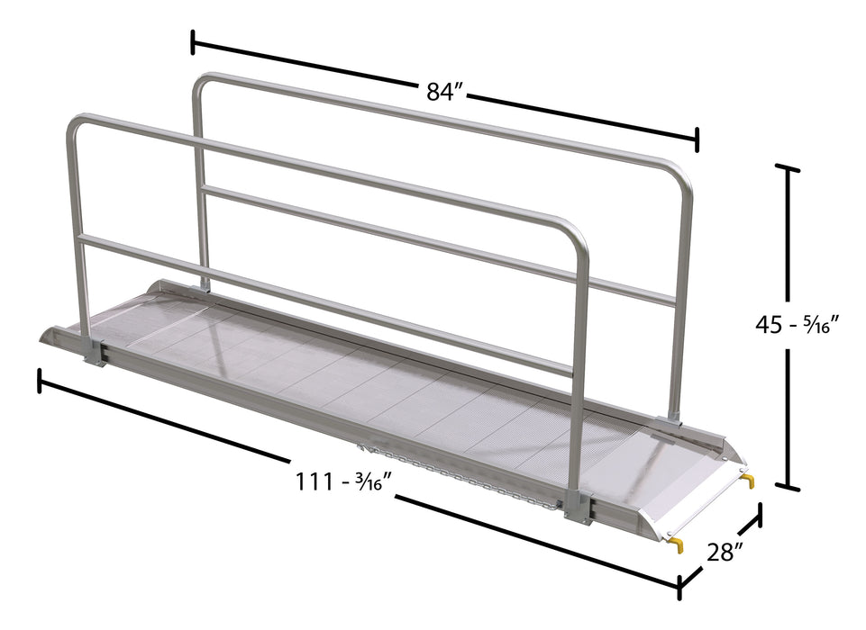 Vestil AWR-28-9B-HR aluminum wheel walk ramp steel hook style with handrails dimensions diagram
