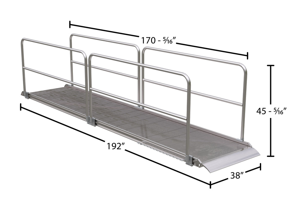 Vestil AWR-38-16A-HR aluminum wheel walk ramp overlapping style with handrails dimensions diagram