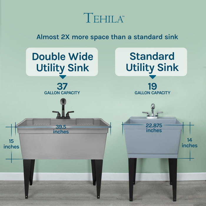 Tehila Freestanding Double-Wide Grey Utility Sink with Steel Legs & Black Pull-Out Faucet... - Installation View