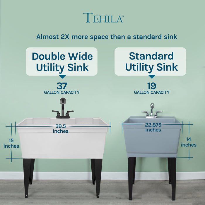 Tehila Freestanding Double-Wide White Utility Sink with Steel Legs & Black Pull-Out Faucet, Multi-Purpose... - Features