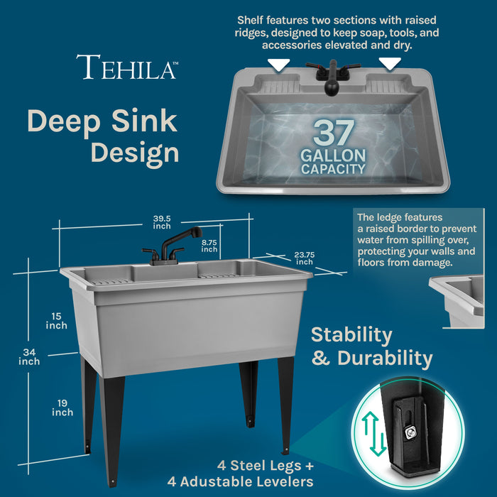 Tehila Freestanding Double-Wide Grey Utility Sink with Steel Legs & Black Pull-Out Faucet, Multi-Purpose... - Side View