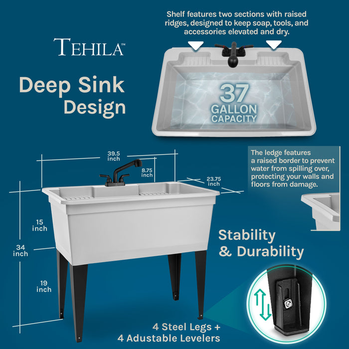 Tehila Freestanding Double-Wide White Utility Sink with Steel Legs & Black Pull-Out Faucet... - Installation View