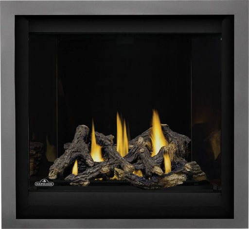 Napoleon Altitude X 36 propane direct vent fireplace front view with oak logs, black illusion glass panels and finishing trim