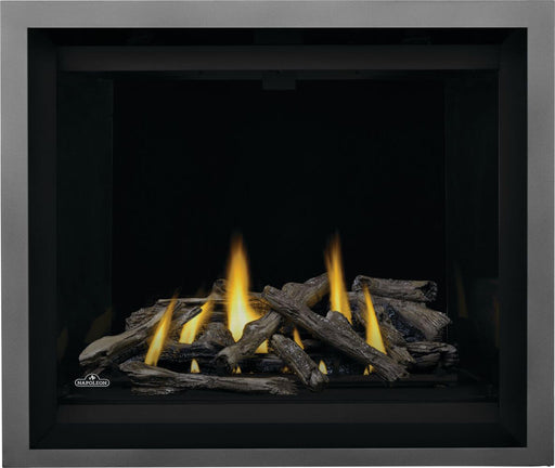Napoleon Altitude X 42 natural gas direct vent fireplace front view with driftwood logs, black illusion glass panels and finishing trim