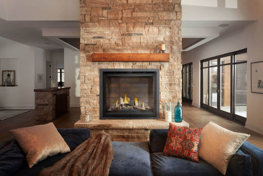 Napoleon Altitude X 42 propane direct vent fireplace with oak logs in a living room