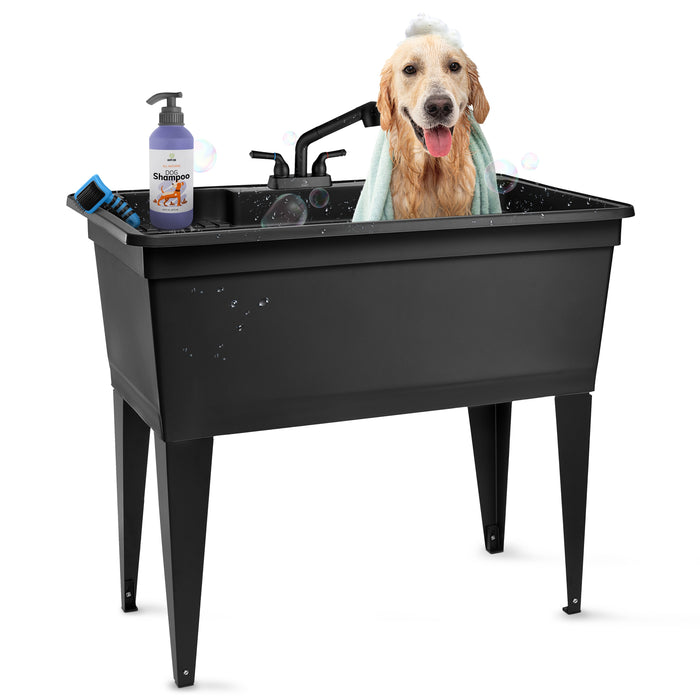 Tehila Freestanding Double-Wide Black Utility Sink with Steel Legs & Black Pull-Out Faucet, Multi-Purpose... - Side View