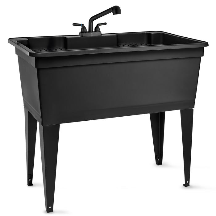 Tehila Freestanding Double-Wide Black Utility Sink with Steel Legs & Black Pull-Out Faucet, Multi-Purpose Heavy-Duty...