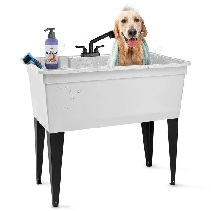 Tehila Freestanding Double-Wide White Utility Sink with Steel Legs & Black Pull-Out Faucet, Multi-Purpose... - Side View