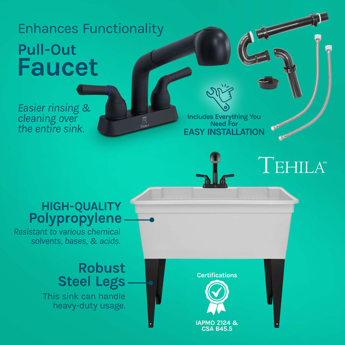 Tehila Freestanding Double-Wide White Utility Sink with Steel Legs & Black Pull-Out Faucet... - Lifestyle View