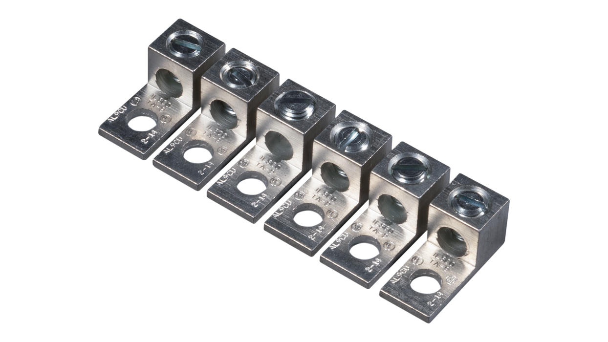 Six-Lug Set for Victron Quattro Inverters. This is an Angled View of the six-lug set in a vertical line, with no background