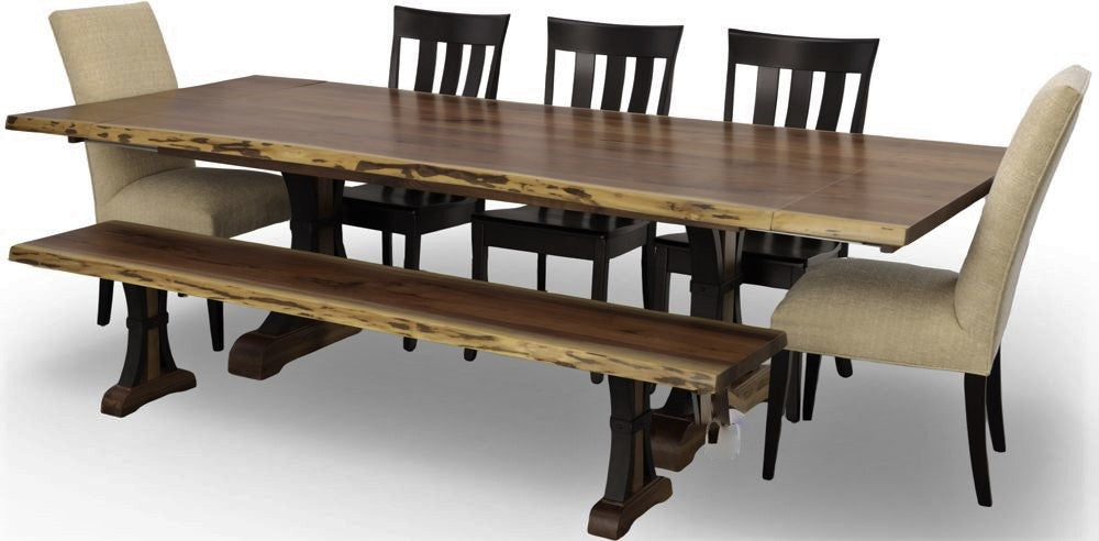 Amish Crafted Solid Wood Rustic Walnut Live Edge Buckle Base Dining Group