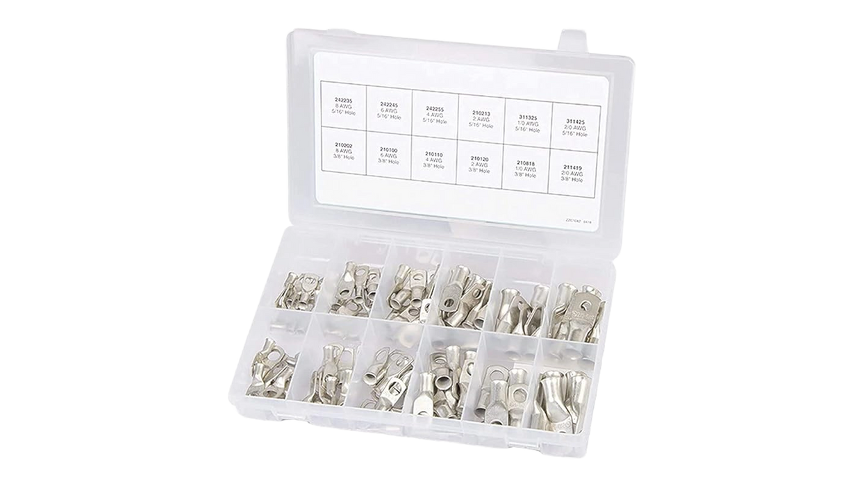 Ancor 100-Piece Tinned Copper Lug Kit, 8 AWG to 2/0 AWG, 5/16" and 3/8" Stud Sizes, UL 486A - Urban Supply Inc