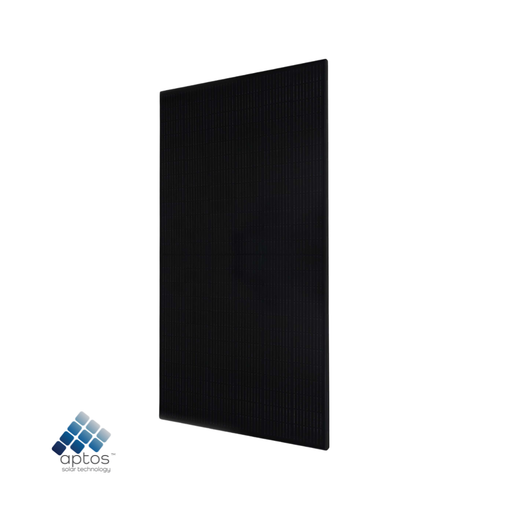 Aptos 440W Monofacial N-Type Solar Panel - Front-facing view tilted to the left of an all-black Aptos 440W monofacial solar panel, on a white background.
