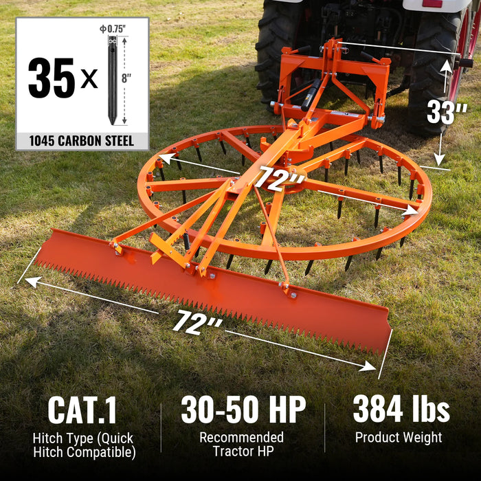 72" Arena Spin Harrow Groomer with 35 Tines and Rake Cat.1 3 Point Hitch Grooming Attachment,  AHG72R