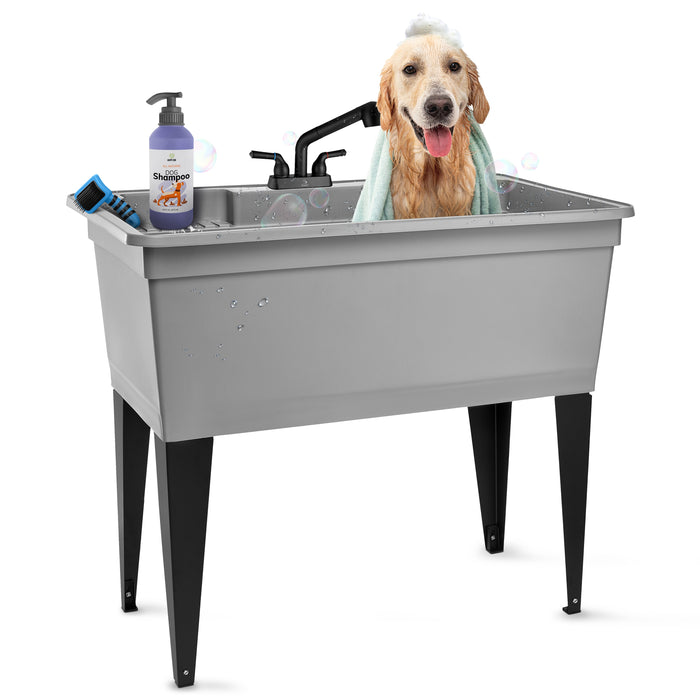Tehila Freestanding Double-Wide Grey Utility Sink with Steel Legs & Black Pull-Out Faucet, Multi-Purpose... - Detail View