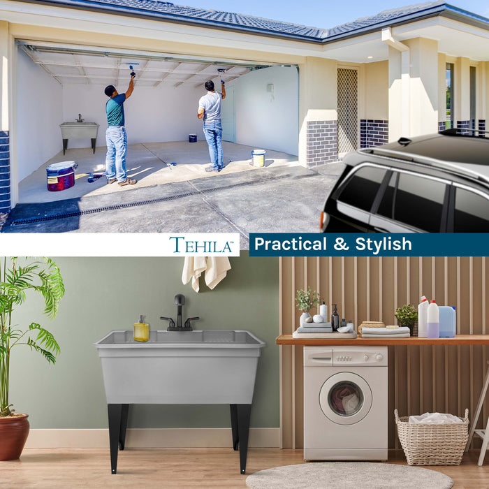 Tehila Freestanding Double-Wide Grey Utility Sink with Steel Legs & Black Pull-Out Faucet, Multi-Purpose... - Lifestyle View