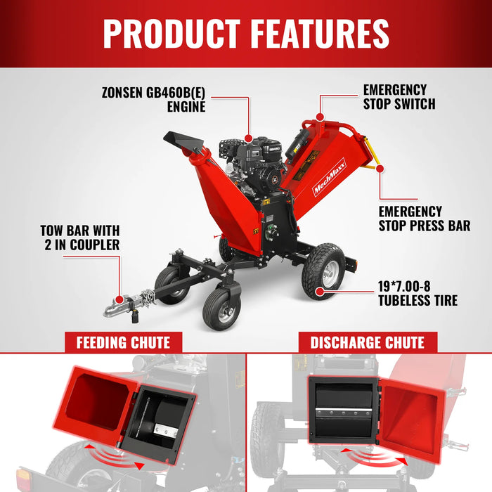 6 inch ZONSEN E-Start 459cc 15hp Gas Powered 4 - Wheel Drum Wood Chipper with Taillight ,  B150