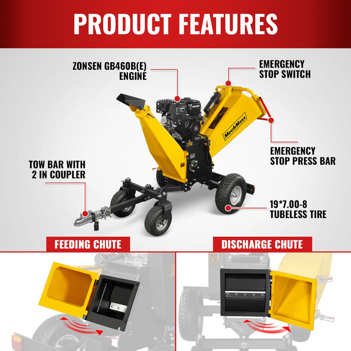 6 inch E-start Zonsen 459cc 15hp Gas Powered 4 - Wheel Drum Wood Chipper with Taillight ,  B150