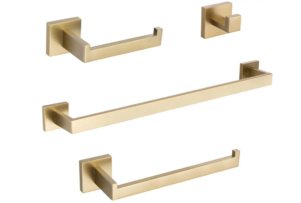 wonderland shower inc Square 4-Piece Stainless Steel Brushed Gold Bathroom Hardware Set - Towel Bar... Shower Accessory
