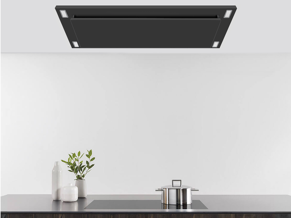 Victory Sunset black ceiling range hood angled view