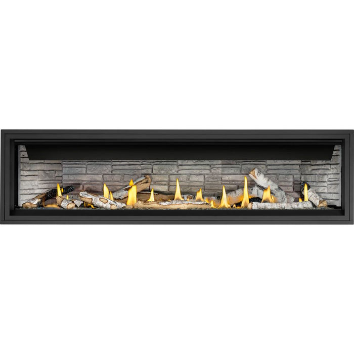 Napoleon Ascent Linear 76 natural gas linear fireplace front view with birch logs, clear glass beads and brick panels