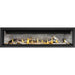 Napoleon Ascent Linear 76 natural gas linear fireplace front view with birch logs, clear glass beads and brick panels