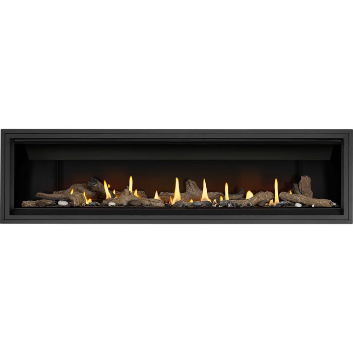 Napoleon Ascent Linear 76 natural gas linear fireplace with Beach Fire and woodland media and porcelain panels
