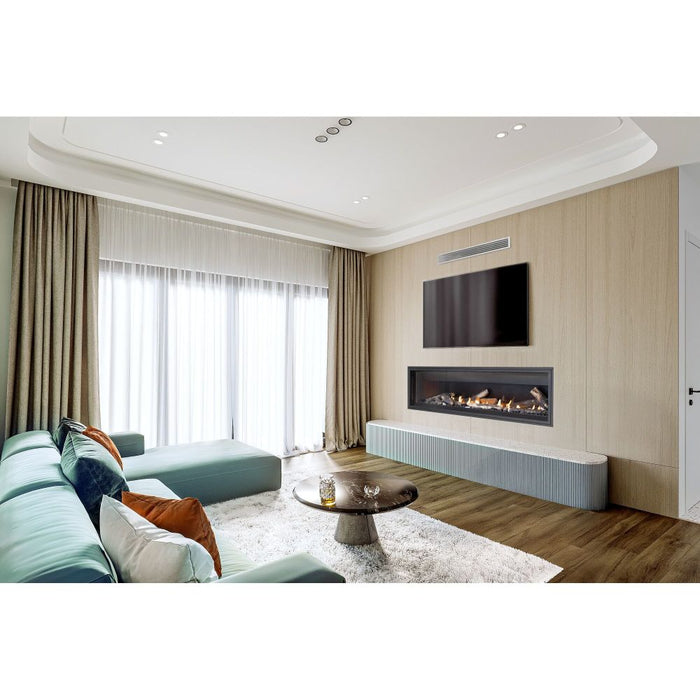 Napoleon Ascent Linear 76 natural gas linear fireplace with oak logs, mineral rocks and finishing trim in a living room