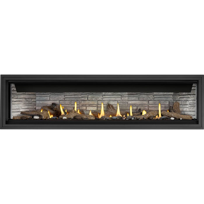 Napoleon Ascent Linear 76 natural gas linear fireplace with Beach Fire media and brick panels