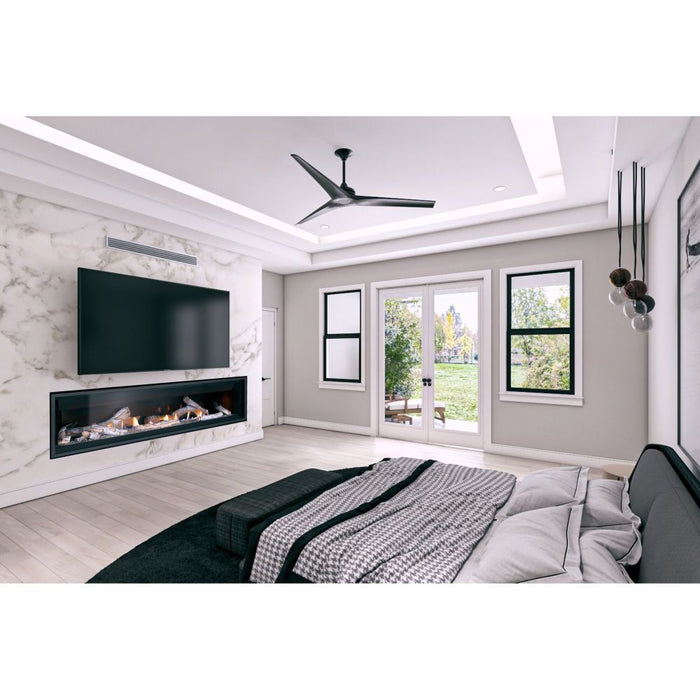 Napoleon Ascent Linear 76 natural gas linear fireplace with birch logs and clear glass beads, angled view