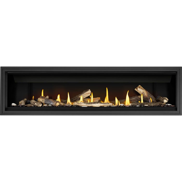 Napoleon Ascent Linear 76 natural gas linear fireplace with oak logs, mineral rocks and porcelain reflective panels
