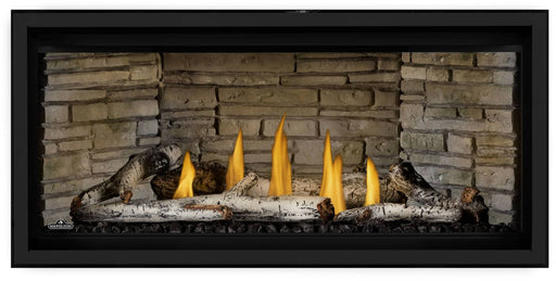 Napoleon Ascent Linear Premium 42 natural gas linear fireplace front view with birch logs and decorative brick panels