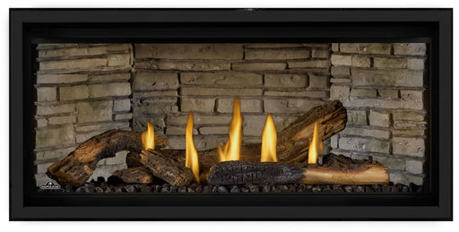 Napoleon Ascent Linear Premium 42 natural gas linear fireplace with oak logs and decorative brick panels