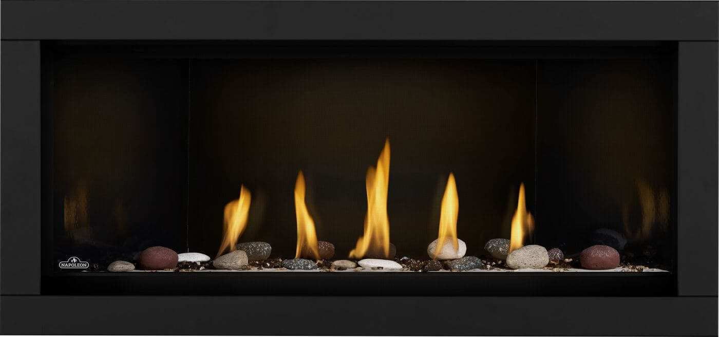 Napoleon Ascent Linear Premium 46 natural gas linear fireplace with Shore Fire media and porcelain reflective panels