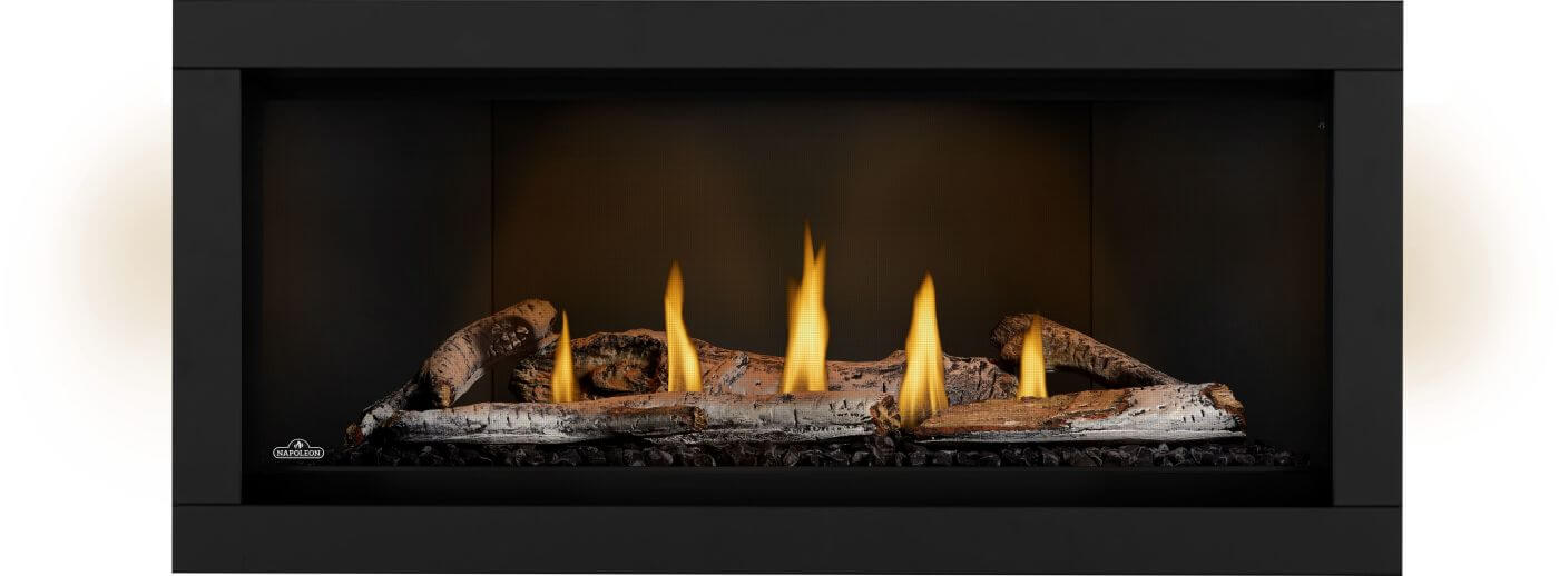 Napoleon Ascent Linear Premium 46 natural gas linear fireplace front view with birch logs, porcelain panels and NIGHT LIGHT